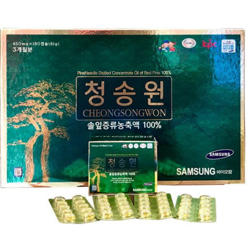 Viên tinh dầu thông đỏ Hàn Quốc Cheong Song Won 180 viên hộp xanh được chiết xuất từ 100% tinh dầu lá thông đỏ quý hiếm Hàn Quốc. Đây là thảo dược thiên nhiên được sử dụng từ rất lâu trong việc chăm sóc sức khỏe và sắc đẹp, đồng thời cũng giúp hỗ trợ điều trị bệnh hiệu quả.